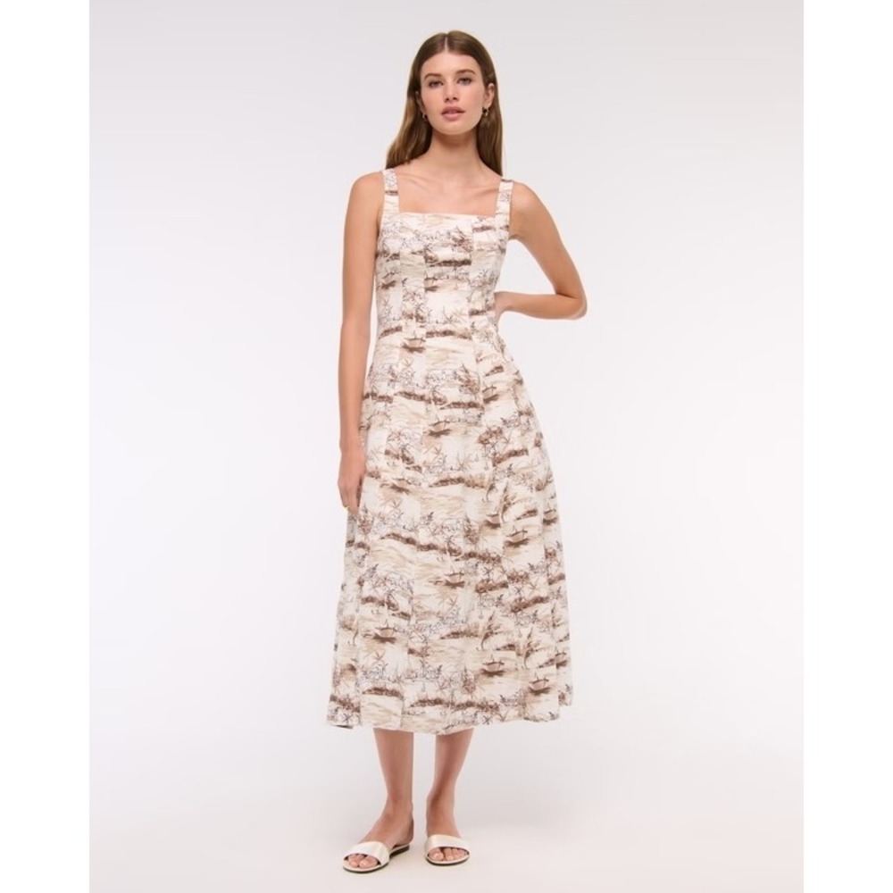 Abercrombie & Fitch Emerson Linen Blend Midi Dress Tropical Cream Large NWT